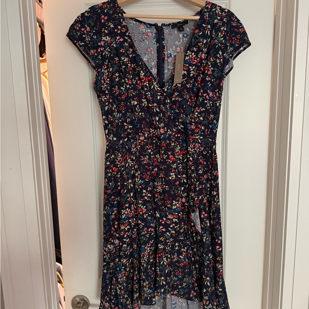 J. Crew Navy Floral High-Low Cap Sleeve Dress